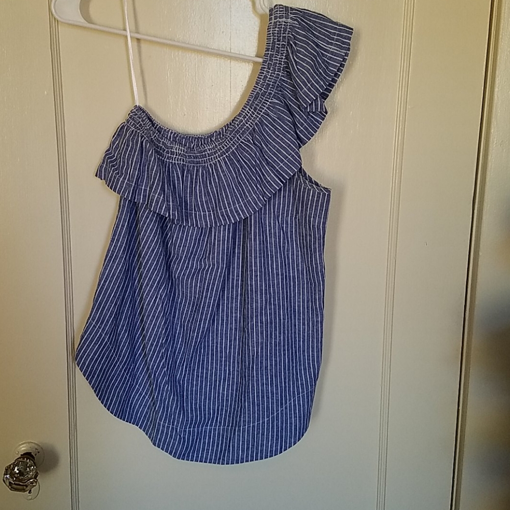 Blue and white striped one shoulder top